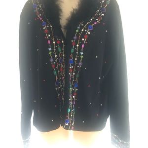 Jack B Good XL Christmas Sweater with gem stones beads and gold fur collar